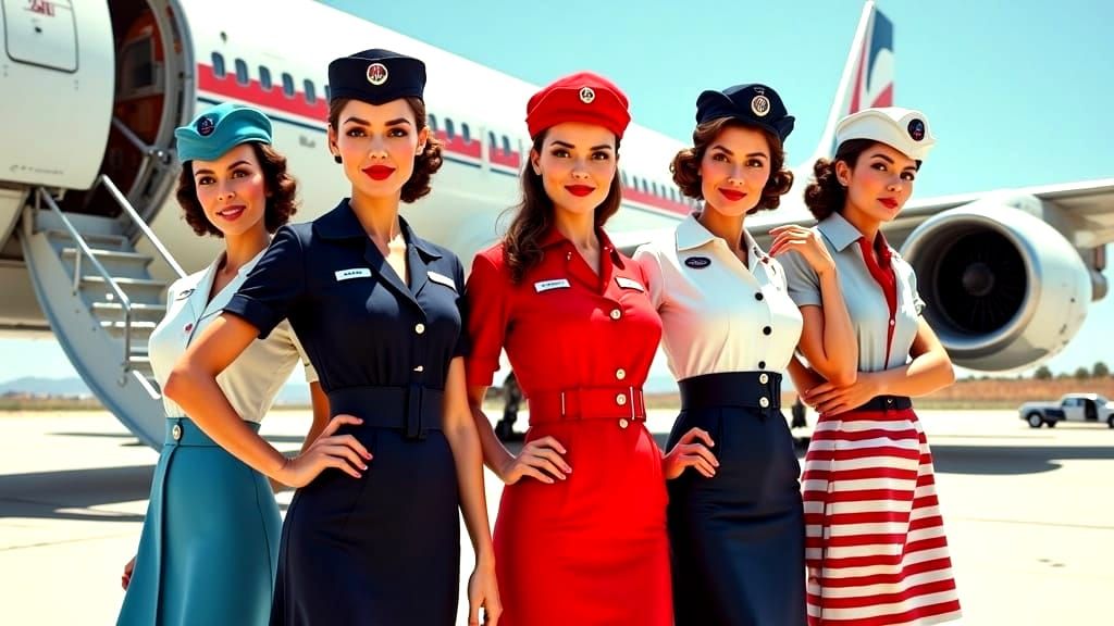 Female flight attendants in iconic uniforms from four different airlines, each with unique color...