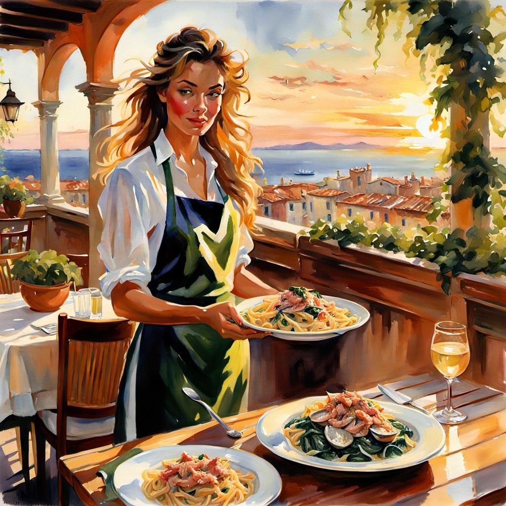 Italian Girl Serving Pasta: Watercolor Painting