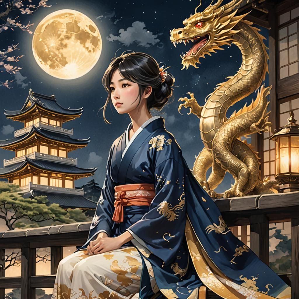 Anime Woman and Golden Dragon at Castle
