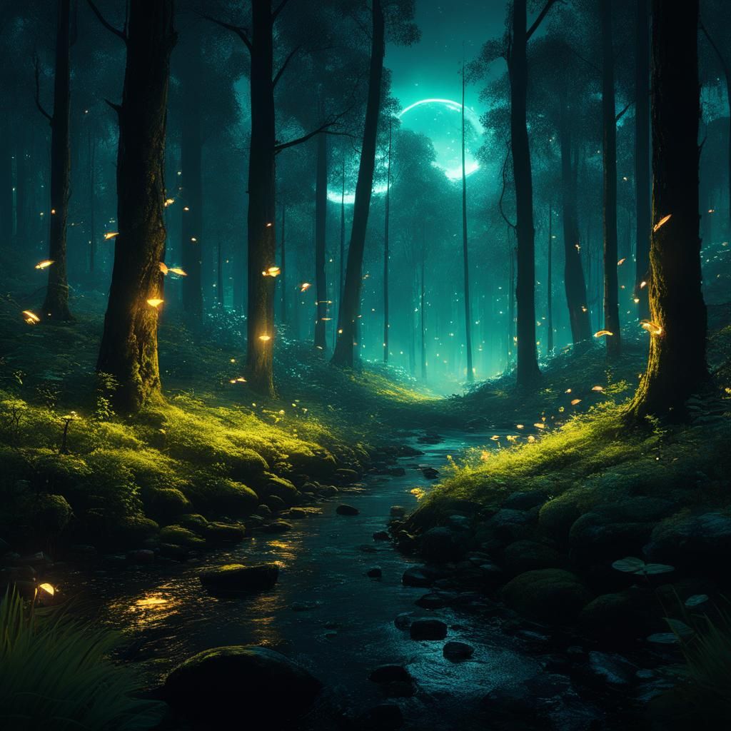 Eldritch Forest Landscape with Glowing Fireflies