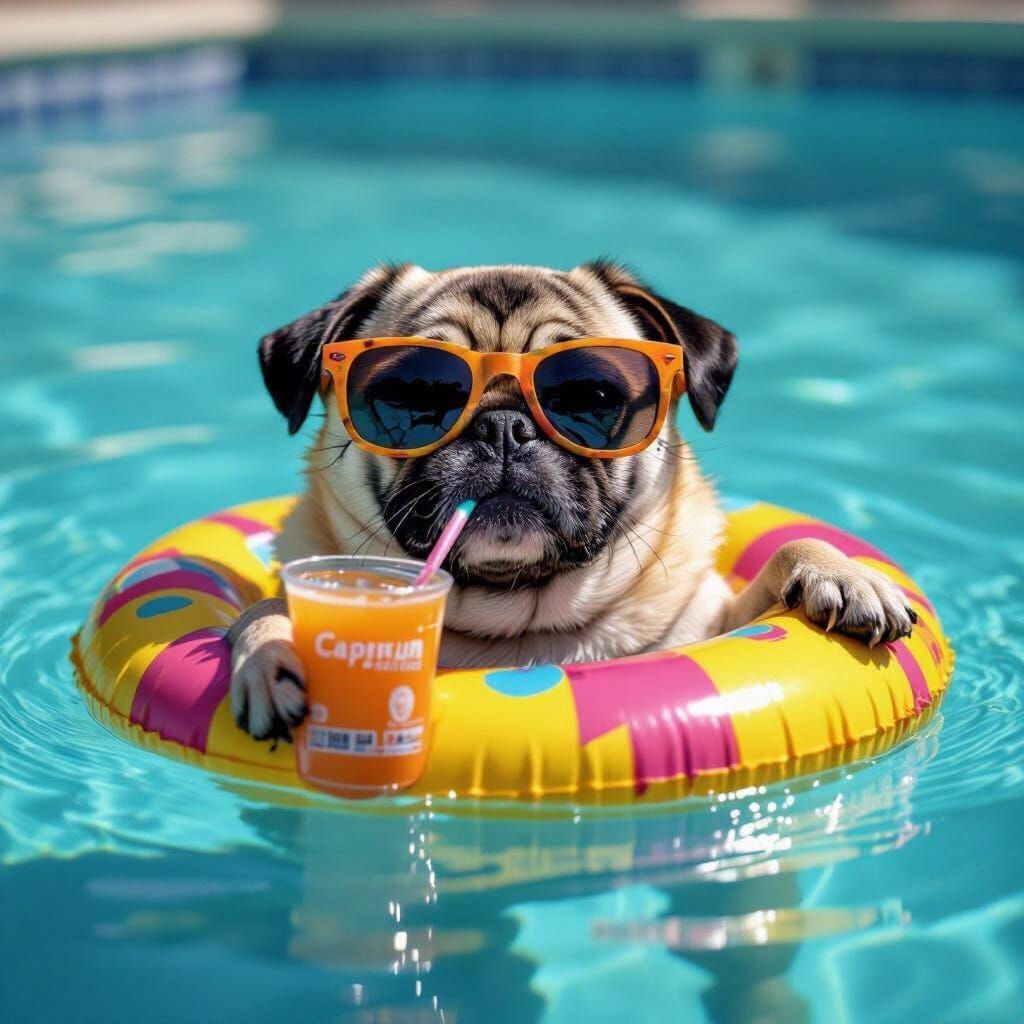 Pug Life: Dog Days in the Pool as Hyperrealistic Photo