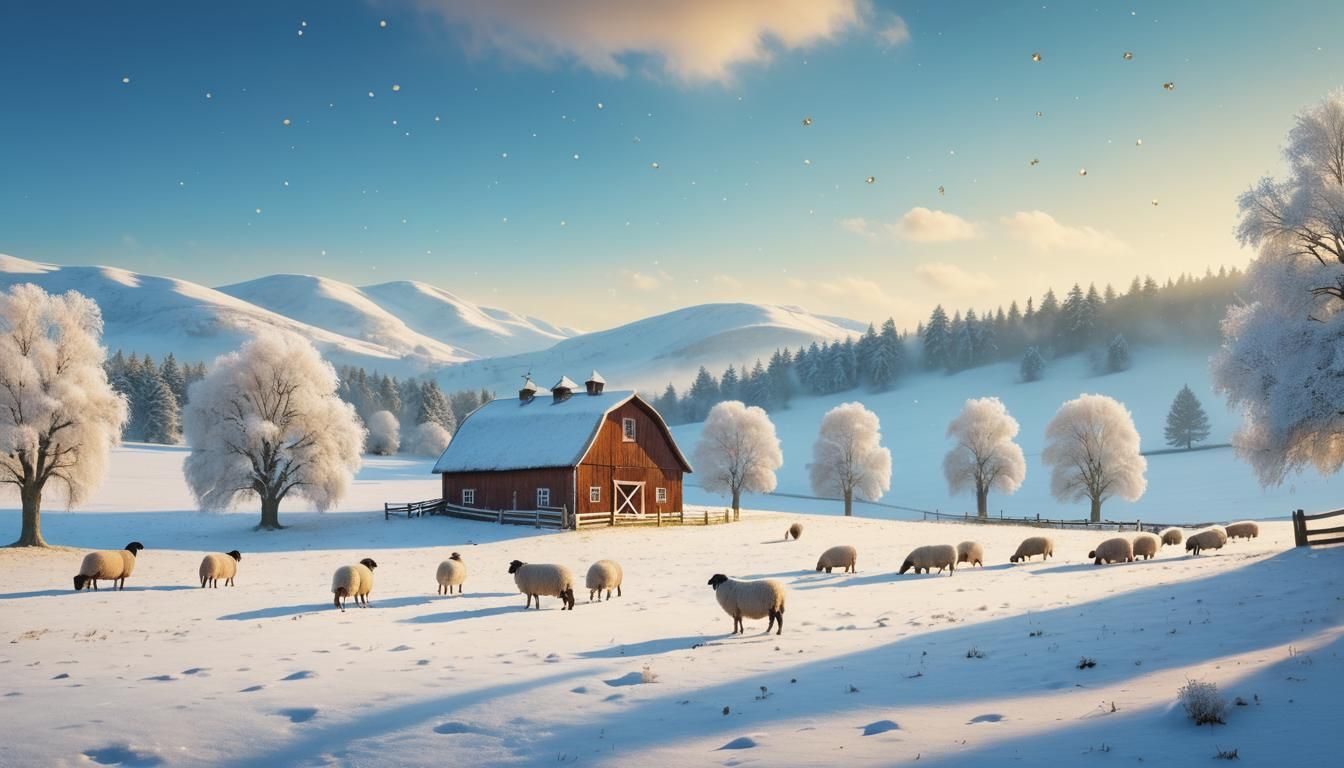 Serene Winter Wonderland Landscape with Sheep and Snowy Barn
