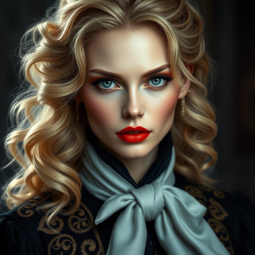 Elegant Woman with Golden Locks and Bold Makeup in High-Fash...