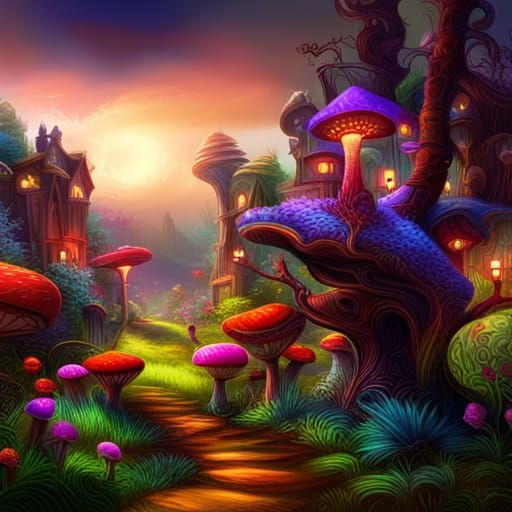 Cheshire Cat in a Magical Mushroom Forest