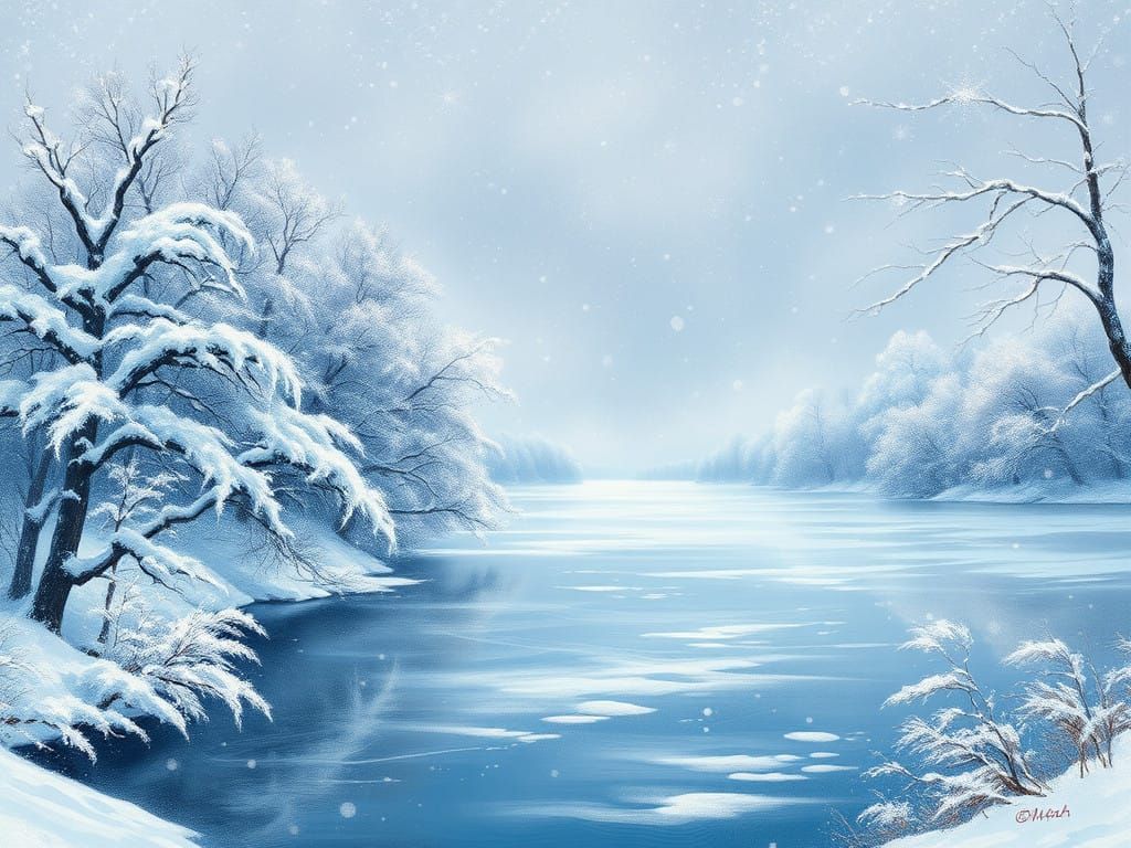 Impressionist Winter Wonderland with Snowy Trees and Frozen...