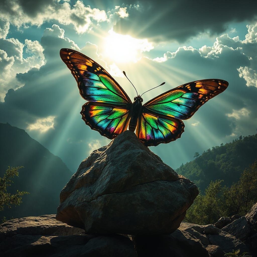 Iridescent Butterfly on Rock in Lush Fantasy Landscape