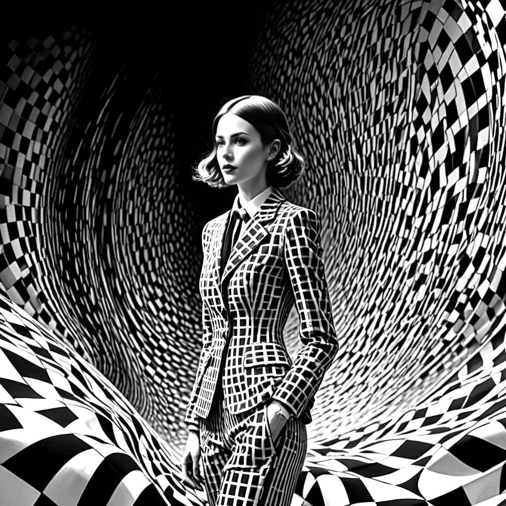 Slender Woman Disappears into Distorting Gingham Pattern