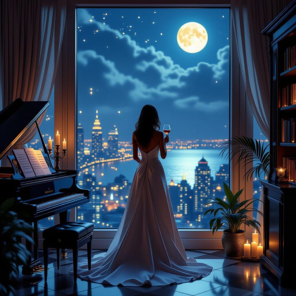 Woman Gazing at Royal Cityscape in Retro-Futuristic Style