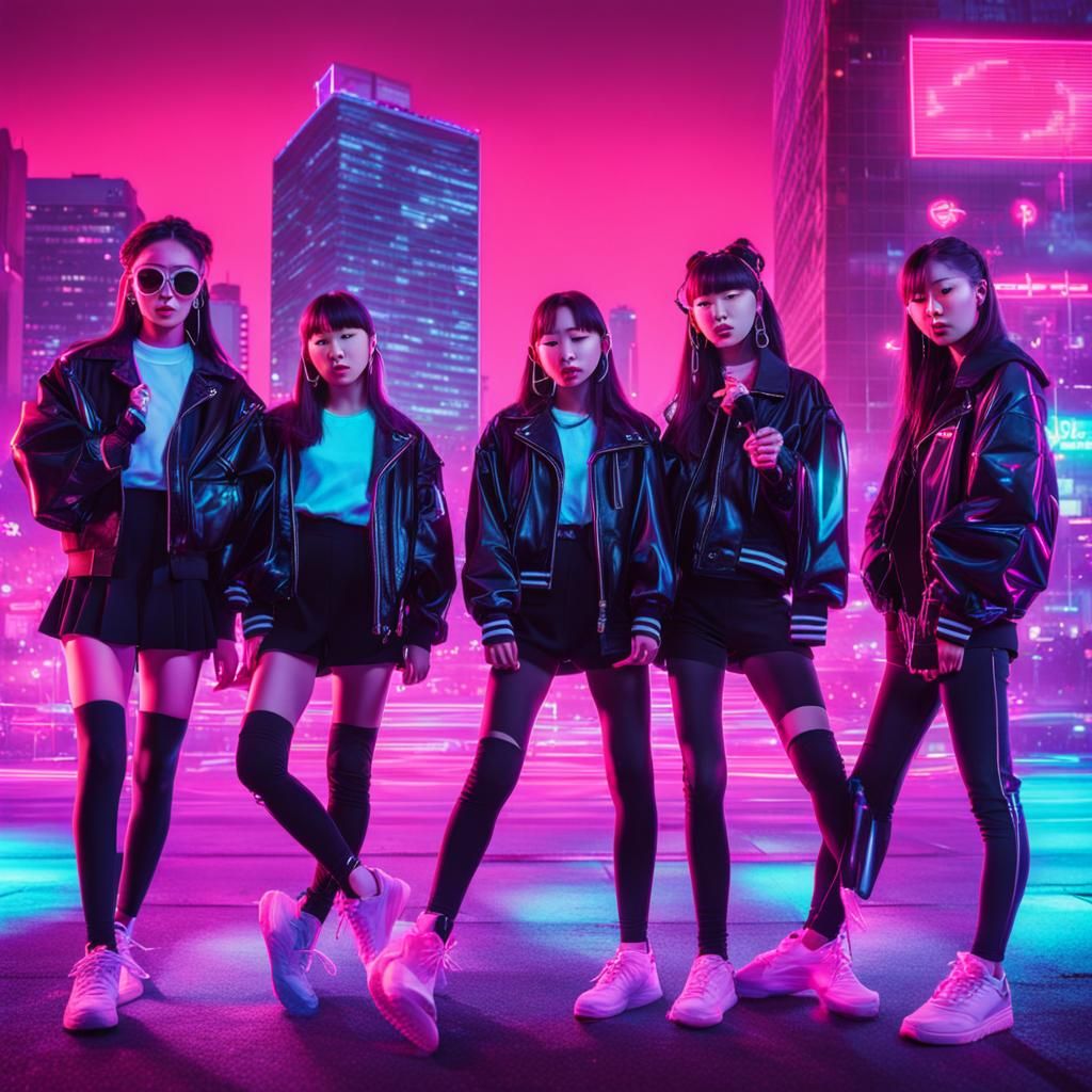 Kpop Group's Musical Journey: Synthwave Neon Retro