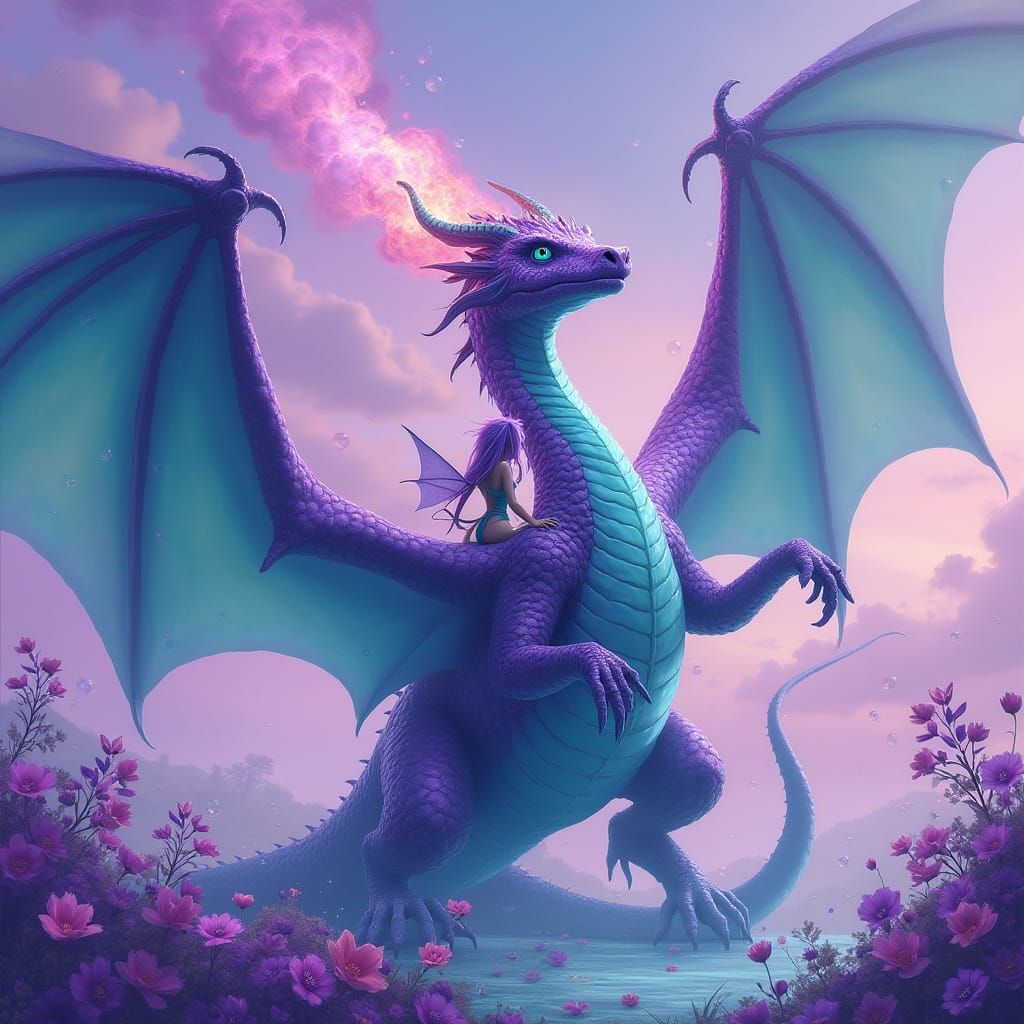 Metallic Dragon Rider in Ethereal Landscape