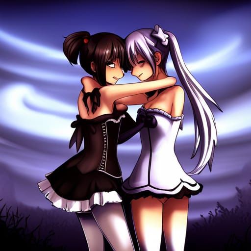 Anime Girls Embrace in Detailed Fantasy Art