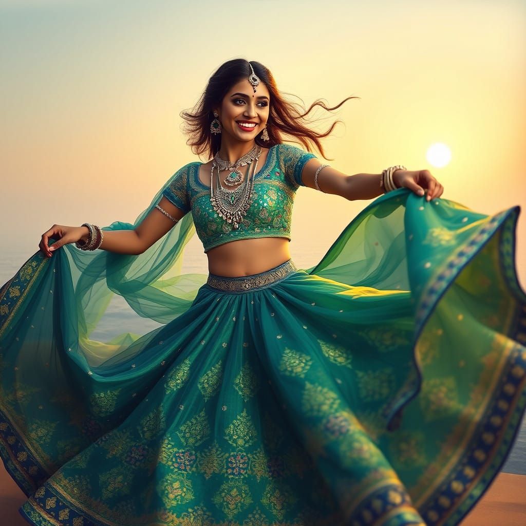 Traditional Indian Beauty in Emerald and Sapphire Lehenga