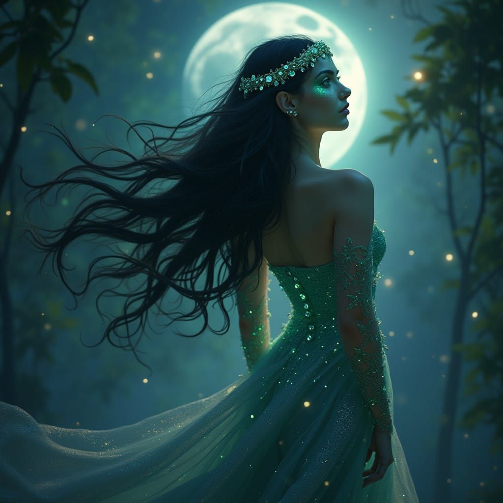 Ethereal Fae Goddess in Moonlit Night Scene