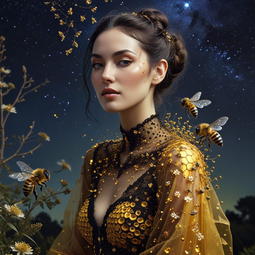 Celestial Honeybee Sitter by Moonlight, in the Style of Yohj...