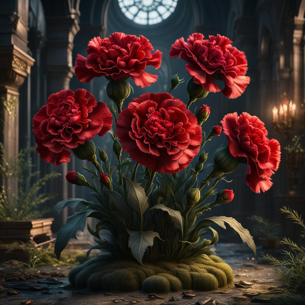 Detailed Matte Painting of Red Carnations