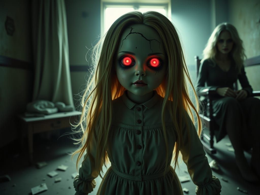 Haunted Doll with Cracked Head and Glowing Red Eyes