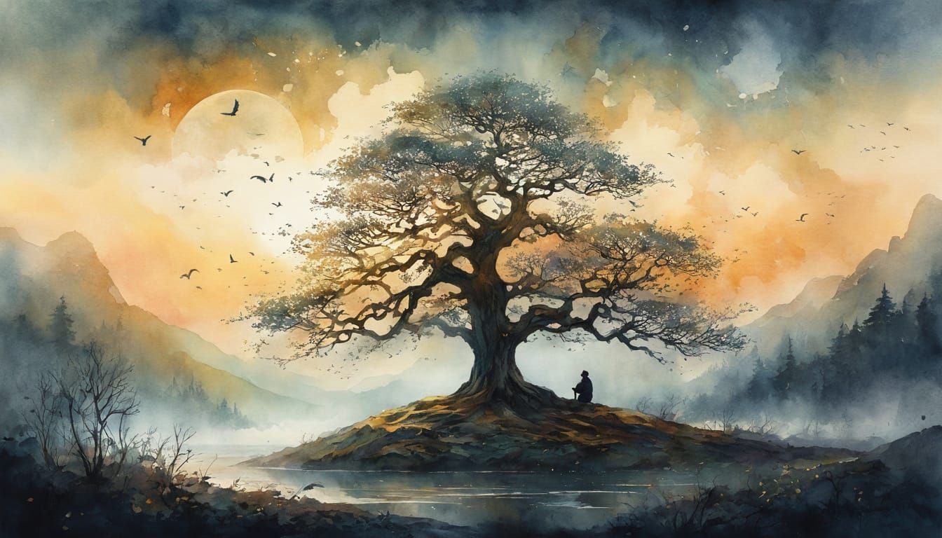 Surreal Landscape of a Poet Among Whimsical Trees