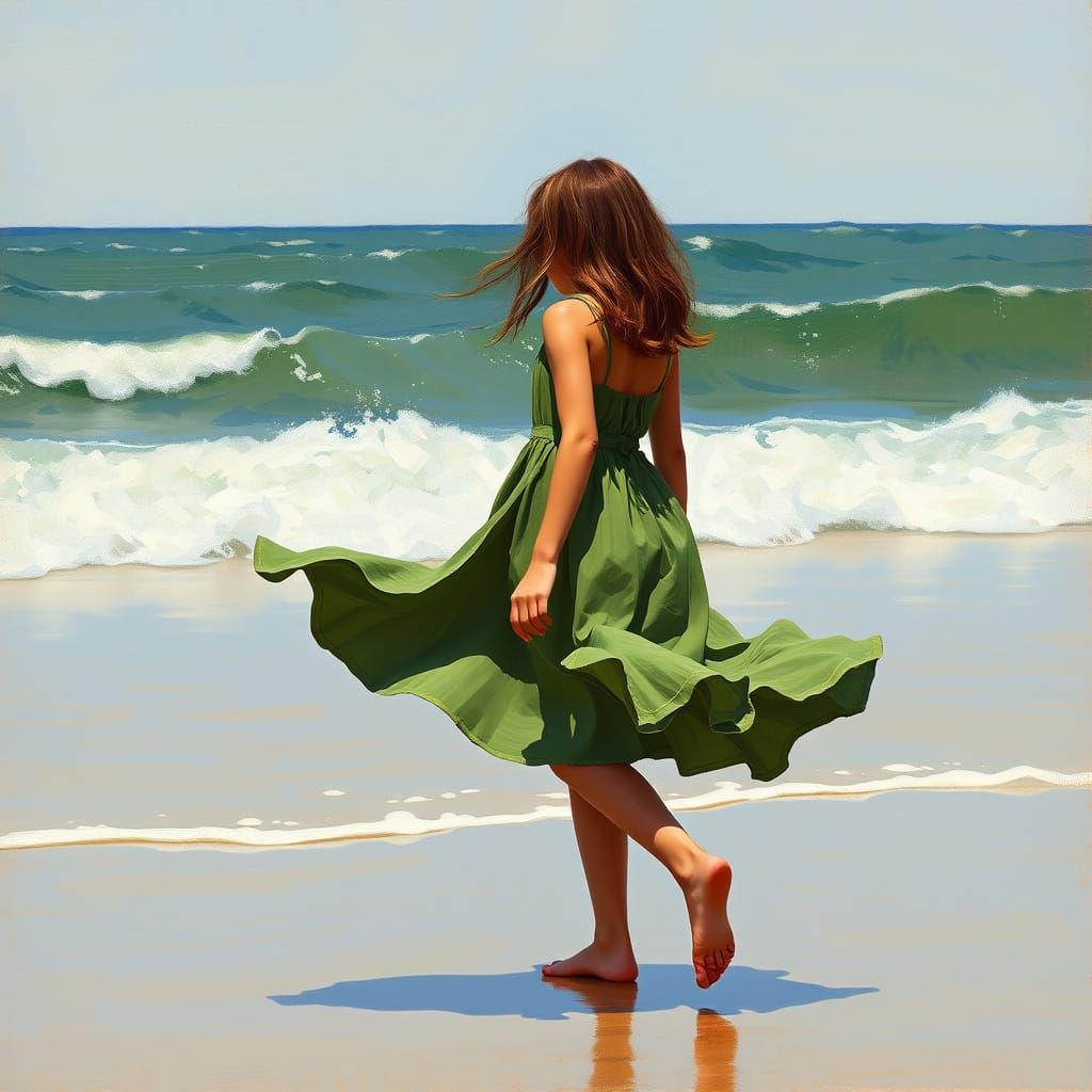 Girl in Green Dress by the Beach: Impressionist Style