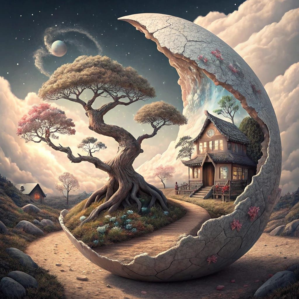 Surreal Geode Landscape with Victorian Cottages