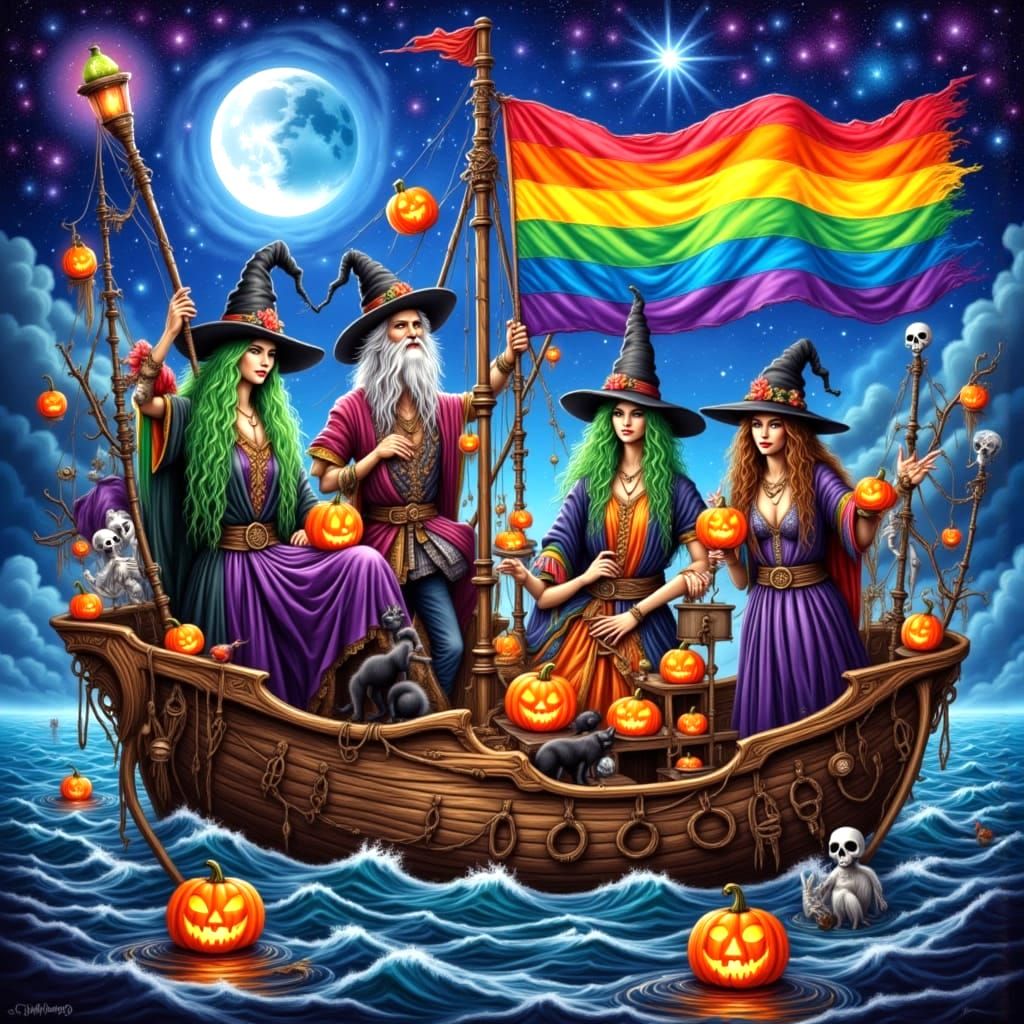Witches Halloween Party on Pirate Ship with Pride Flag