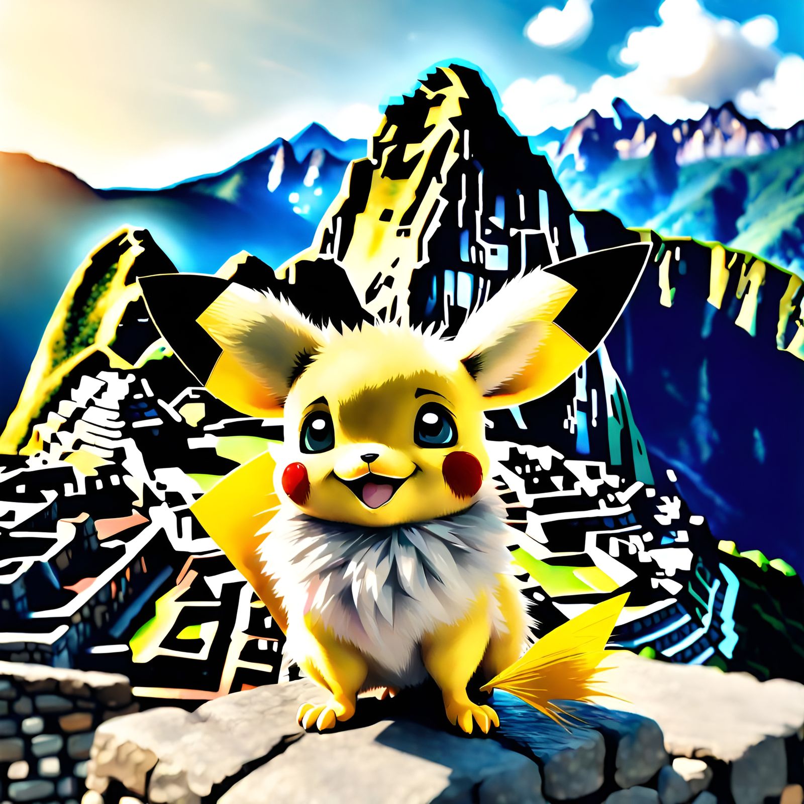 Cartoon Pichu at Machu Picchu, Pixar-style