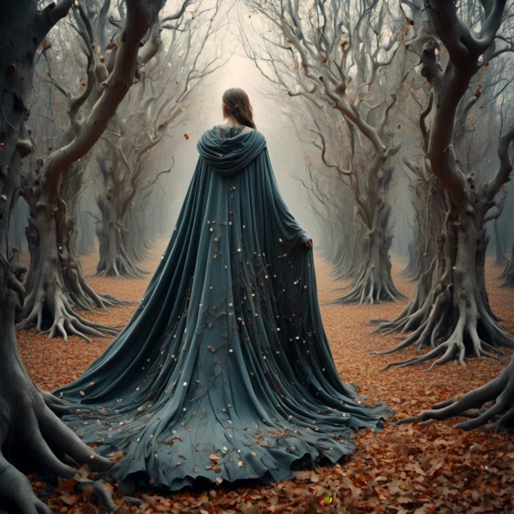Cloaked Figure Walks Through Bare Autumn Forest