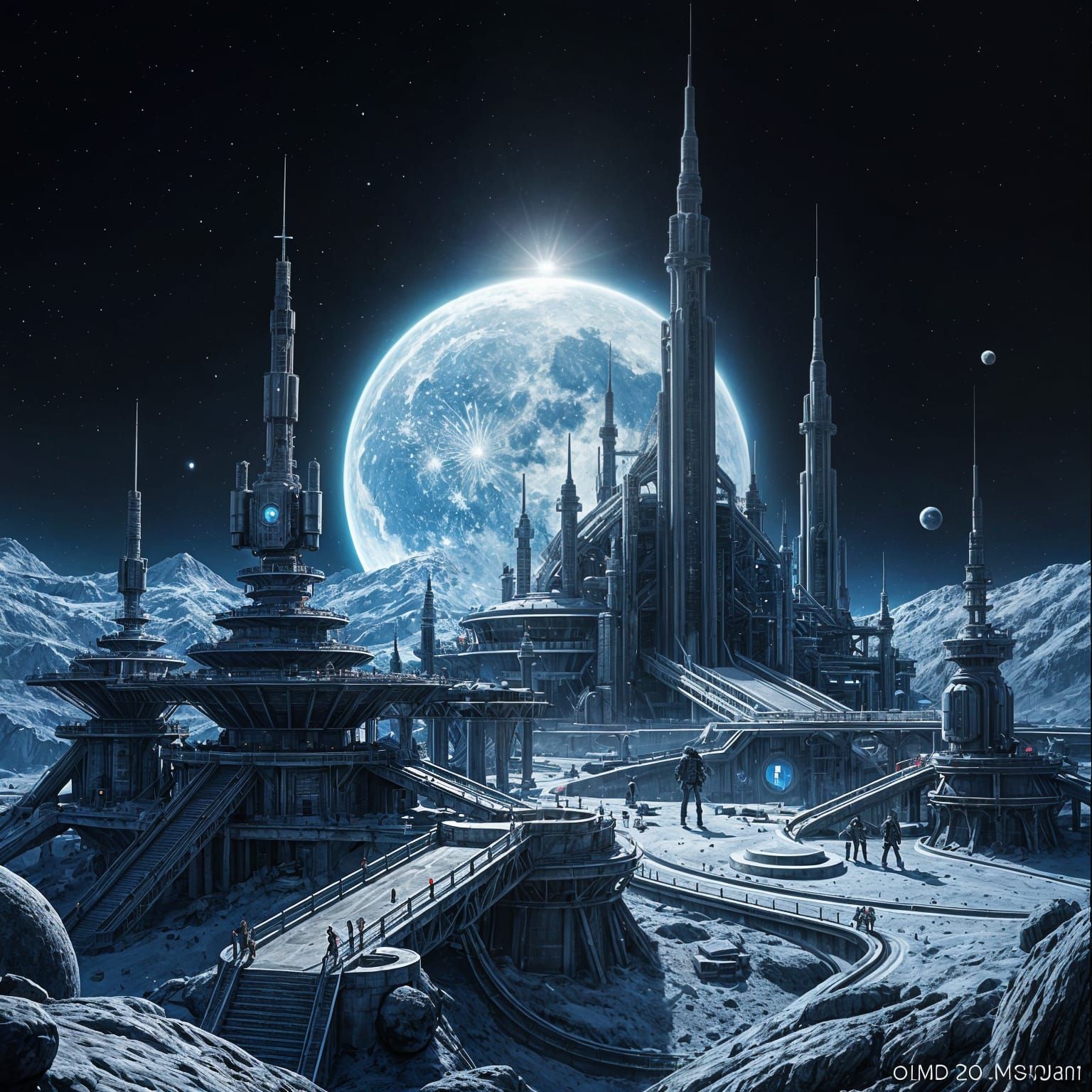 Earth rising over Moon horizon. An alien moon base is bustling with activity.
