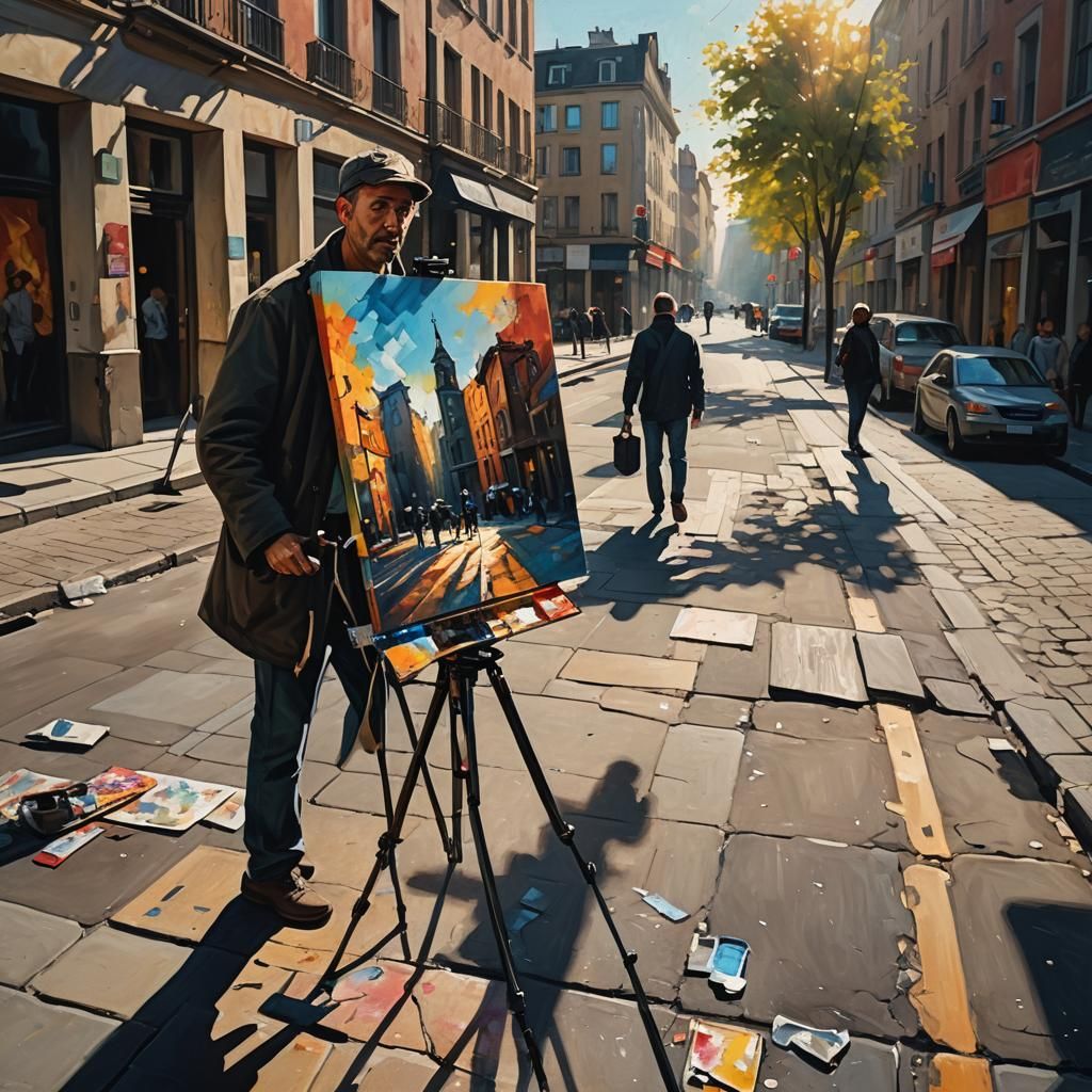 Street Painter Creates Art in Dramatic Oil Painting Style