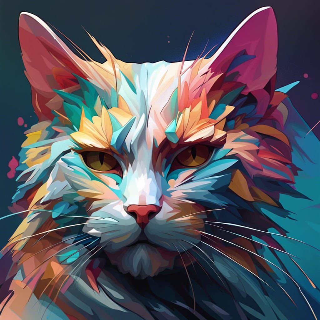 Abstract Cat Portrait in Hyperdetailed Triadic Colors
