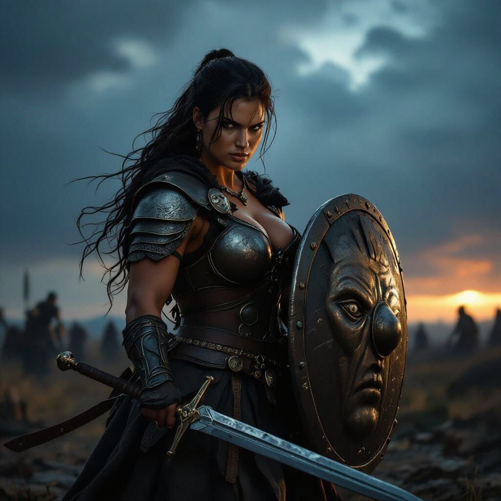 Warrior Woman with Shield Face on Battlefield
