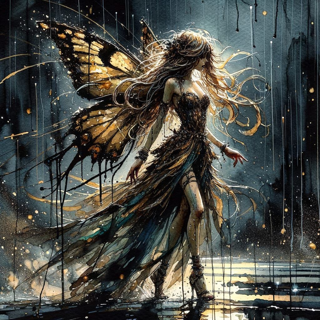 Fairy in Golden Dress in Rainy Night