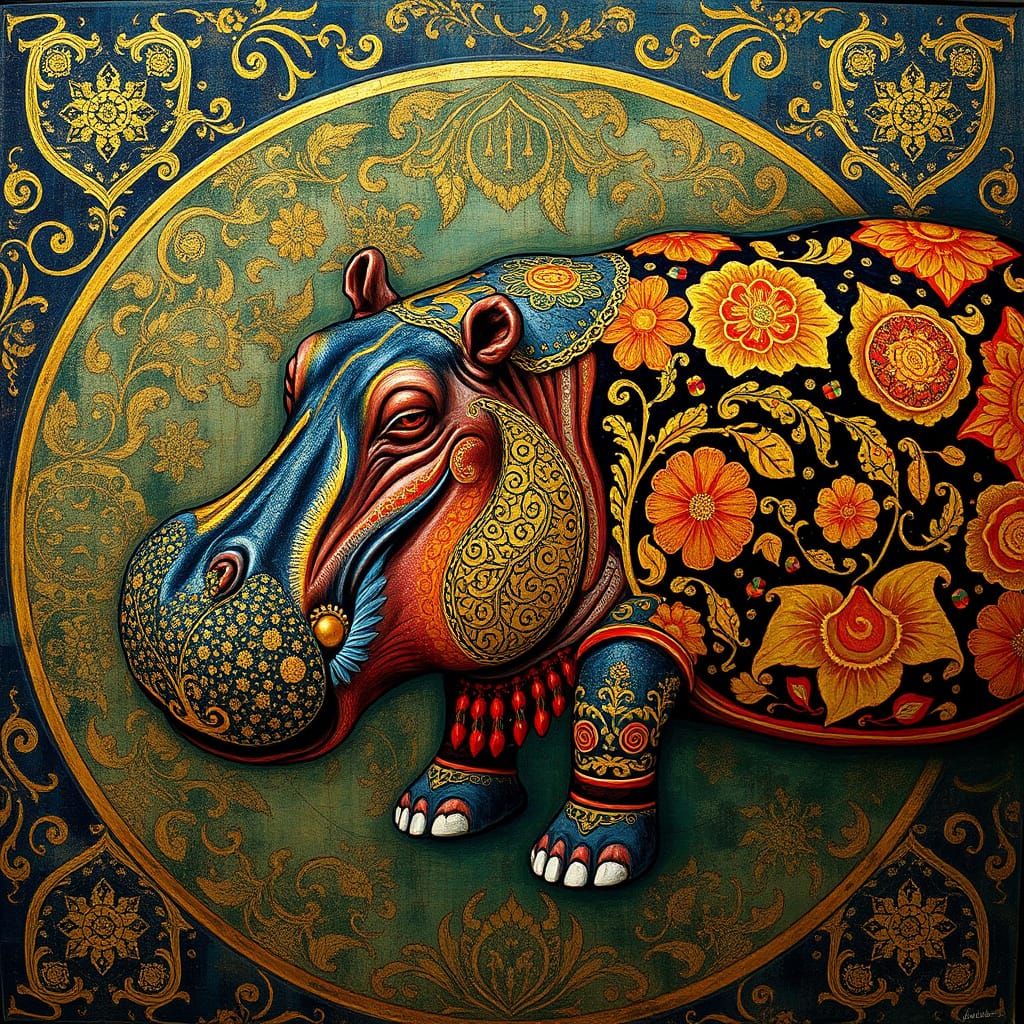 Ornately Decorated Hippopotamus in Klimt Style