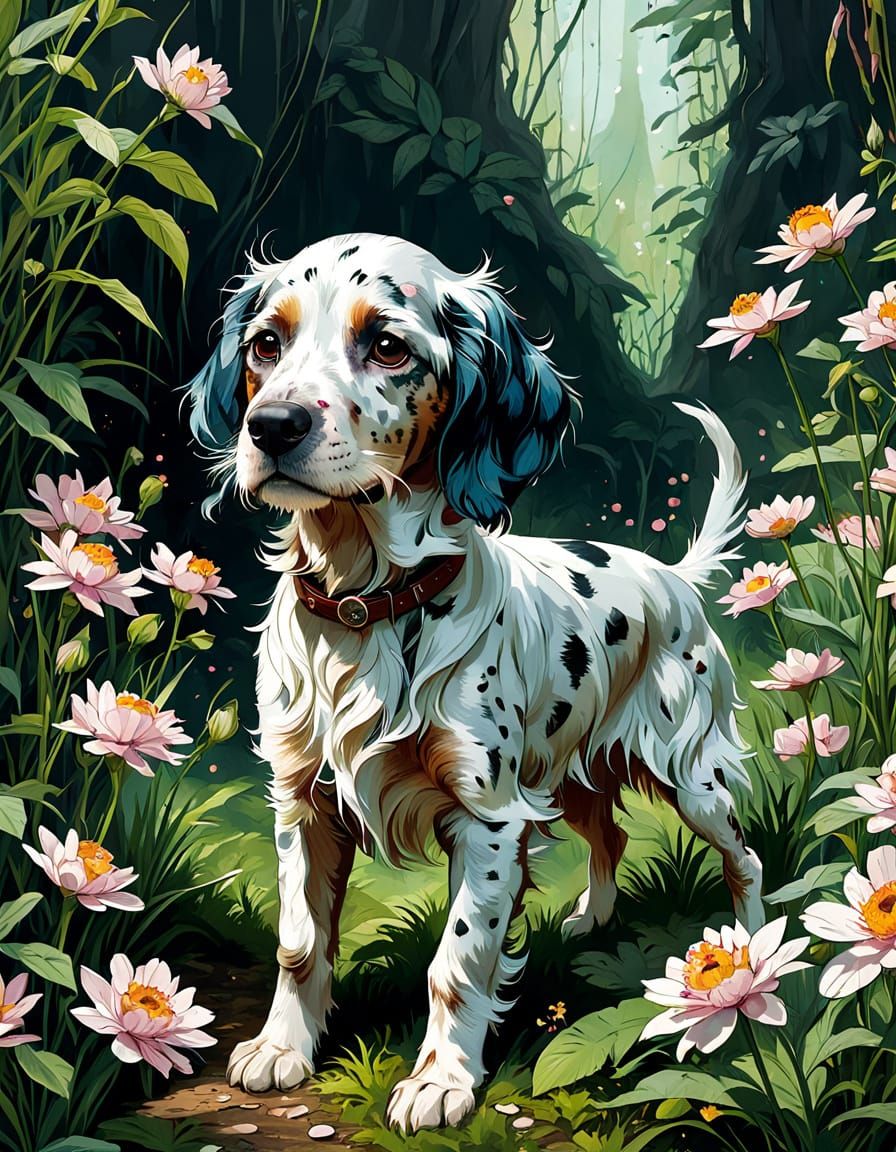 Adorable English Setter Puppy in Floral Spring