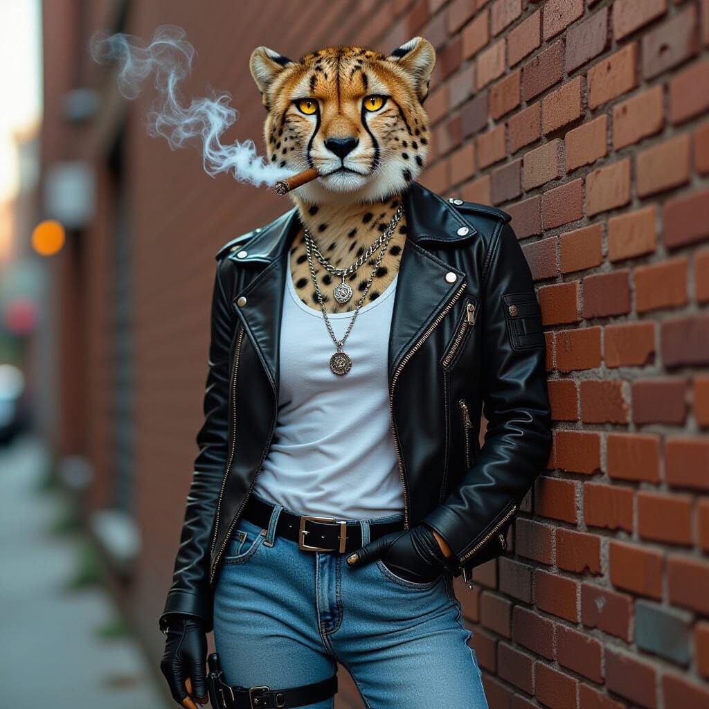 Cheetah Person in City Alley in Gritty Style
