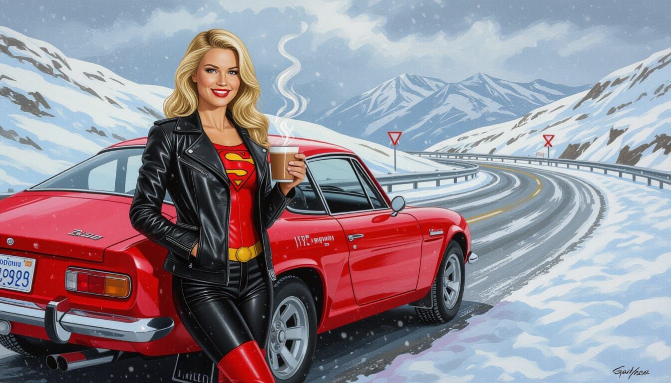 Supergirl in Leather Jacket by Snowy Alpine Road