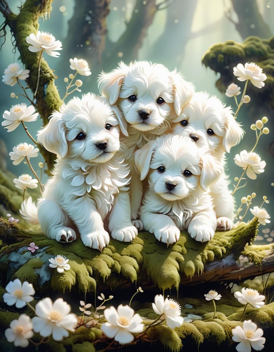 Dreamlike Puppies in Pastel Flower Garden