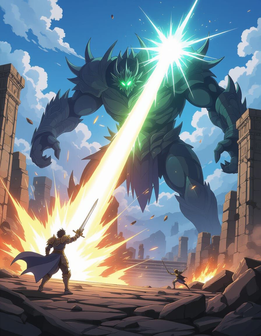 Anime Warrior Summons Light Beam in Epic Ruin Battle