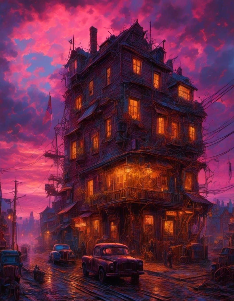 Vibrant Flag Waving in Stormy, Neon-Lit Landscape