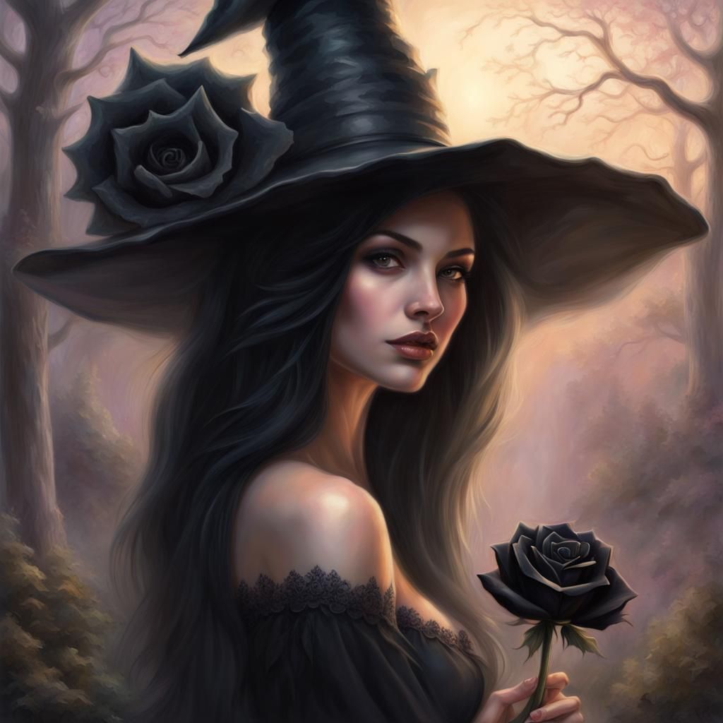 Ethereal Witch with Black Rose in Fantasy Style
