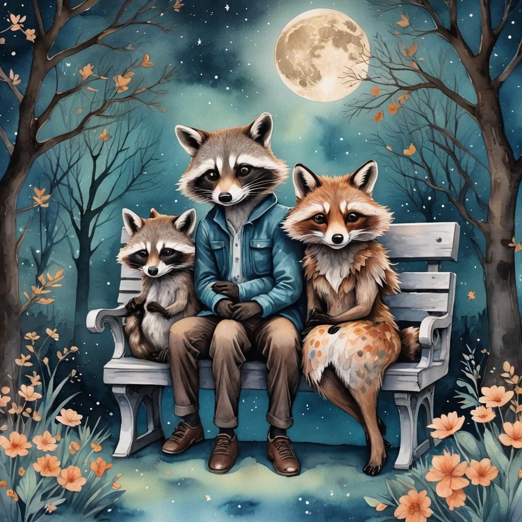 Romantic Couple on Park Bench in Watercolor Style