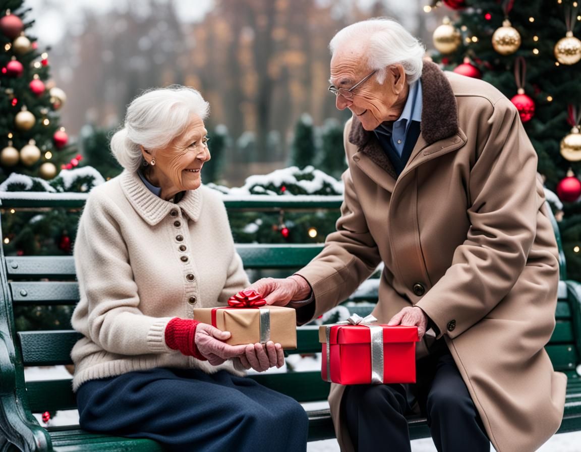 Heartwarming Christmas Gift Giving Scene in Park