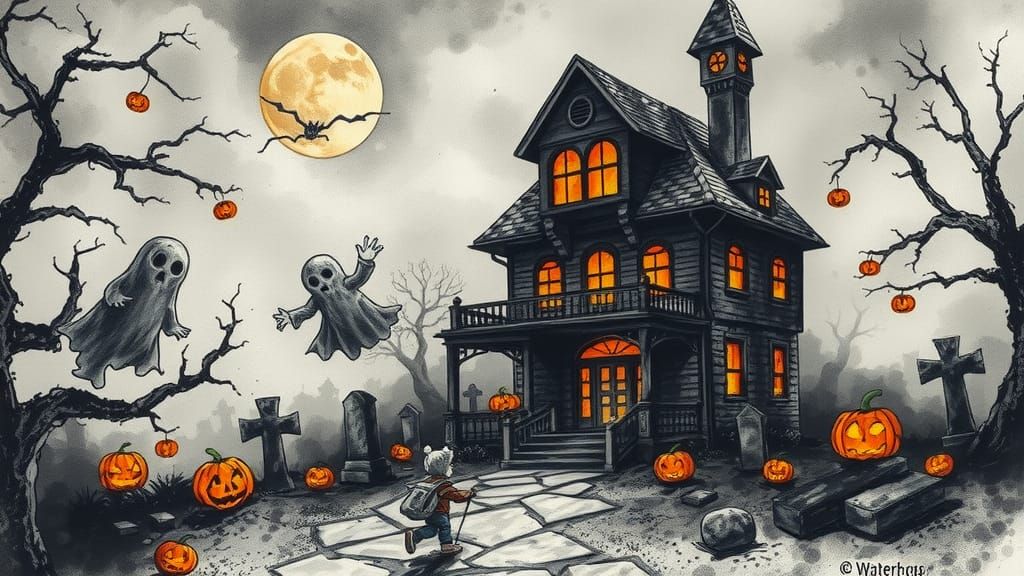 Halloween Landscape: Ink Splatter Art with Haunted House