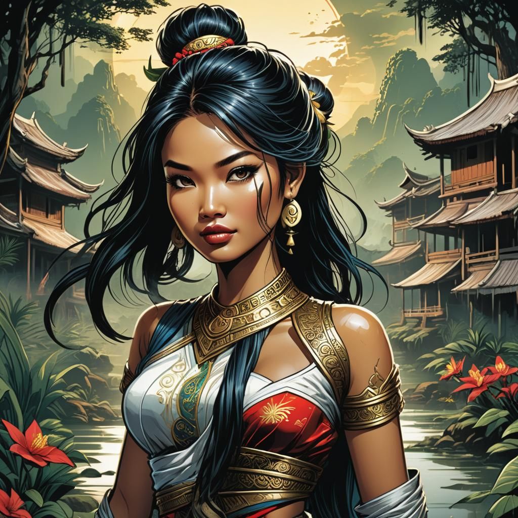 Beautiful Lao Girl in Comic Book Art Style
