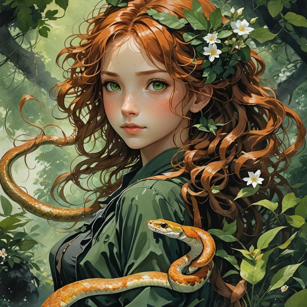 Girl with Snake, Watercolors by Moebius and Shinkai