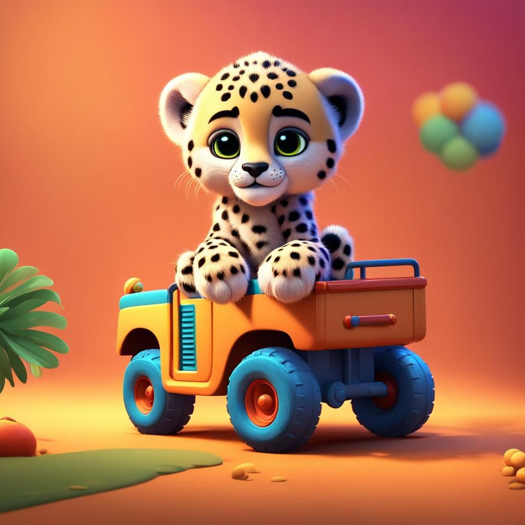 Cute Baby Cheetah Plays with Toy Truck in 3D