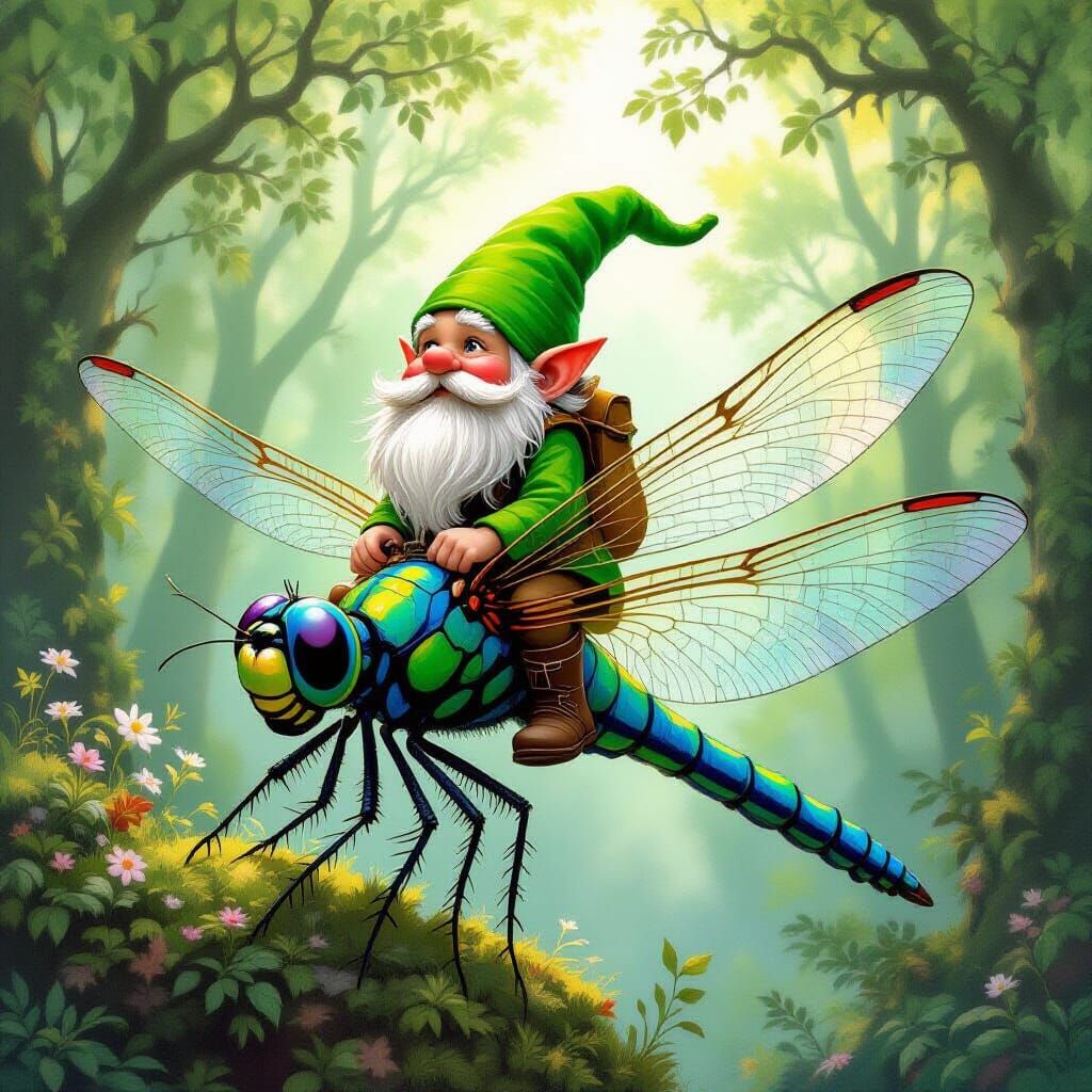 Gnome Rides Dragonfly in Whimsical Forest