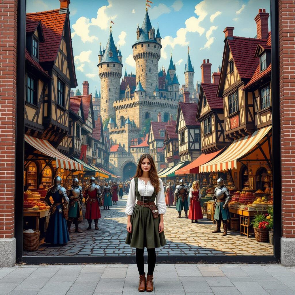 Woman and Medieval Mural in Sci-Fi Art Style