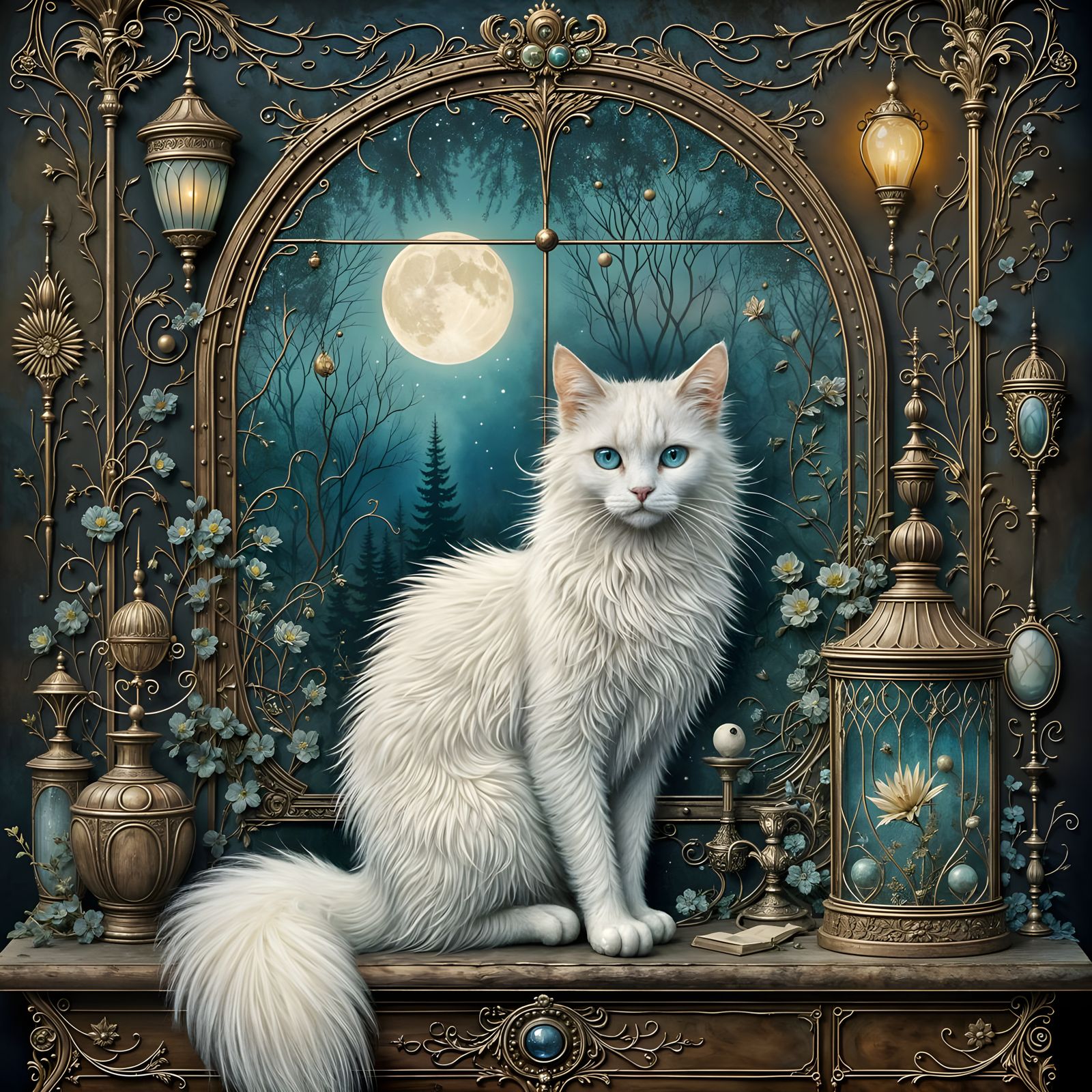 White Cat in Moonlit Room with Antiques