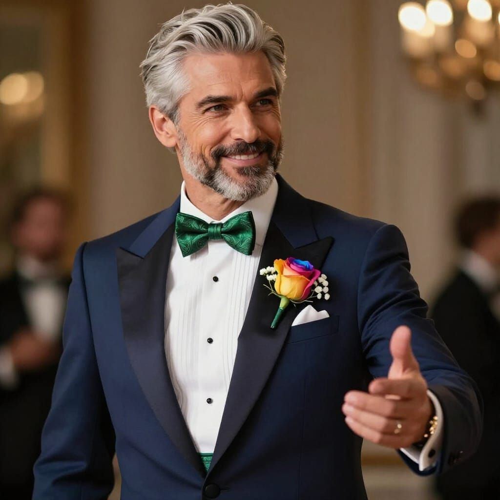 Man in Tuxedo Offers Dance with Rainbow Rose Boutonier