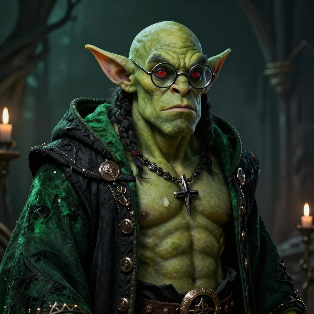 Muscular Half-Orc Mage in Gothic Setting